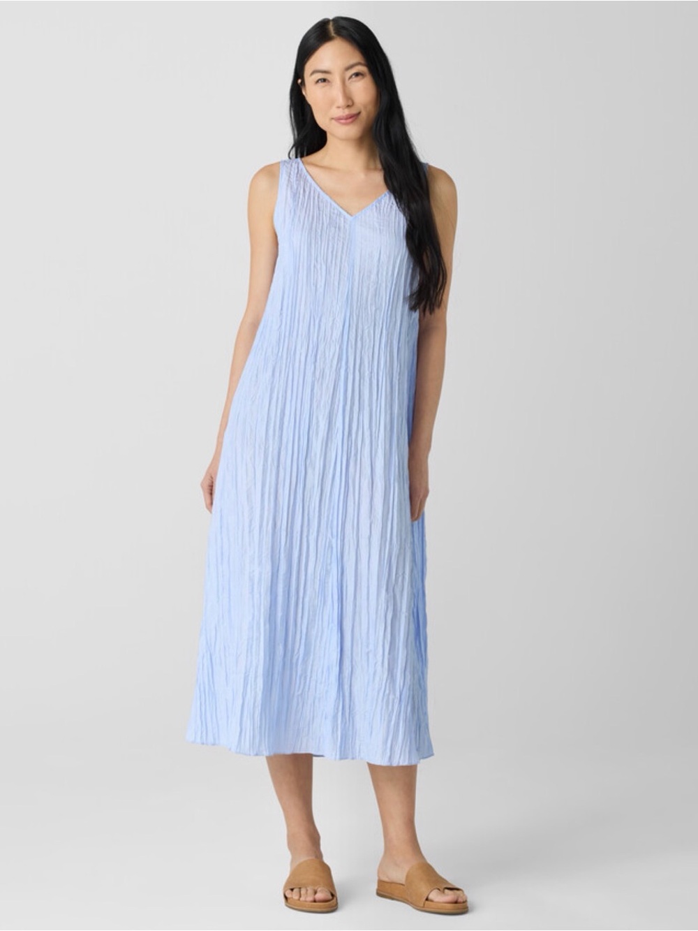 Eileen Fisher Crushed Silk Dress BellFlower Blue V-neck Pullover Size LP